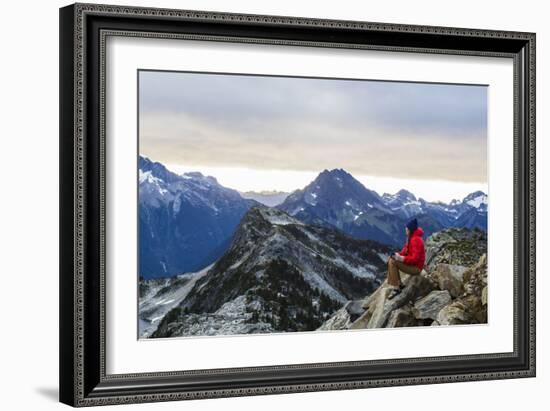 Woman Drinks Her Morning Coffee On A Mountain Top In North Cascades National Park, Washington-Hannah Dewey-Framed Photographic Print