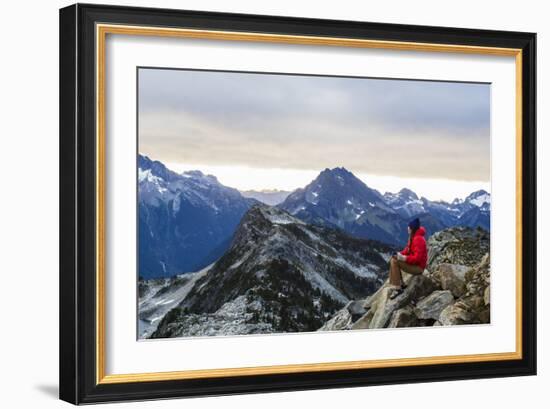 Woman Drinks Her Morning Coffee On A Mountain Top In North Cascades National Park, Washington-Hannah Dewey-Framed Photographic Print