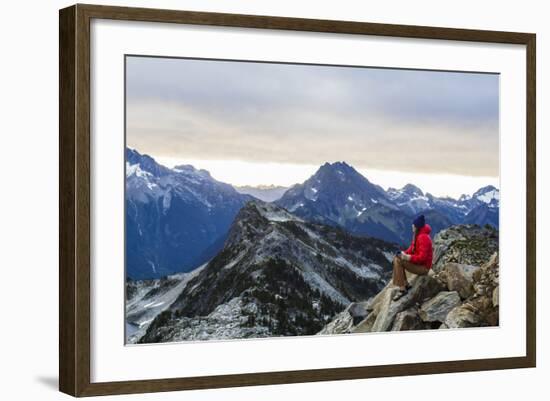 Woman Drinks Her Morning Coffee On A Mountain Top In North Cascades National Park, Washington-Hannah Dewey-Framed Photographic Print