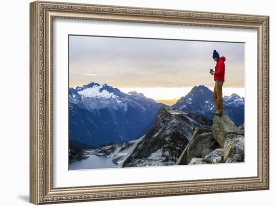 Woman Drinks Her Morning Coffee On Top Of A Mountain In The North Cascades-Hannah Dewey-Framed Photographic Print
