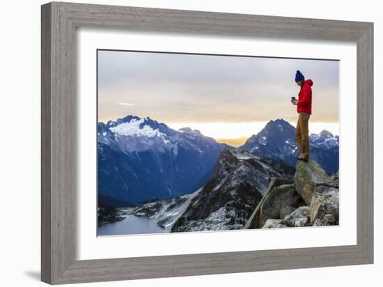 Woman Drinks Her Morning Coffee On Top Of A Mountain In The North Cascades-Hannah Dewey-Framed Photographic Print