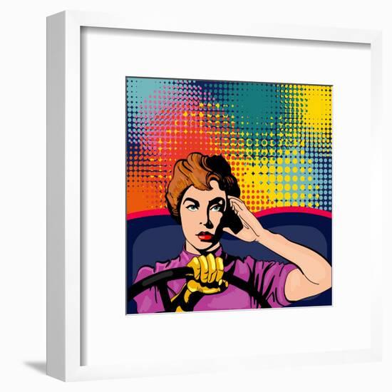 Woman Driving a Car Pop Art Vector Illustration-intueri-Framed Art Print