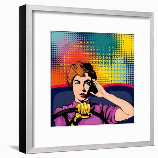 Woman Driving a Car Pop Art Vector Illustration-intueri-Framed Art Print