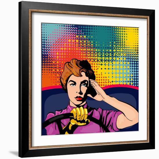 Woman Driving a Car Pop Art Vector Illustration-intueri-Framed Art Print