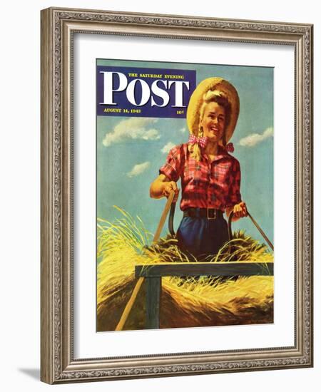 "Woman Driving Hay Wagon," Saturday Evening Post Cover, August 14, 1943-Ray Prohaska-Framed Giclee Print