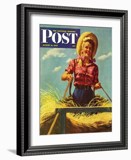 "Woman Driving Hay Wagon," Saturday Evening Post Cover, August 14, 1943-Ray Prohaska-Framed Giclee Print