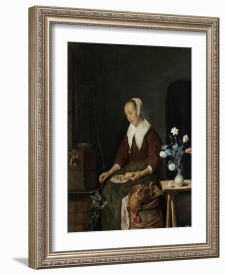 Woman Eating, known as the Cats Breakfast-Gabriel Metsu-Framed Art Print