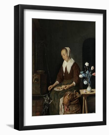 Woman Eating, known as the Cats Breakfast-Gabriel Metsu-Framed Art Print