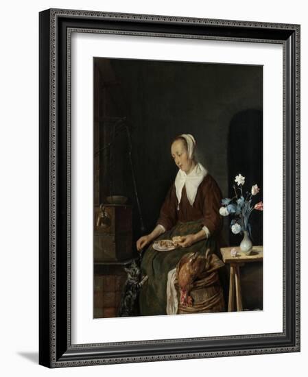 Woman Eating, known as the Cats Breakfast-Gabriel Metsu-Framed Art Print