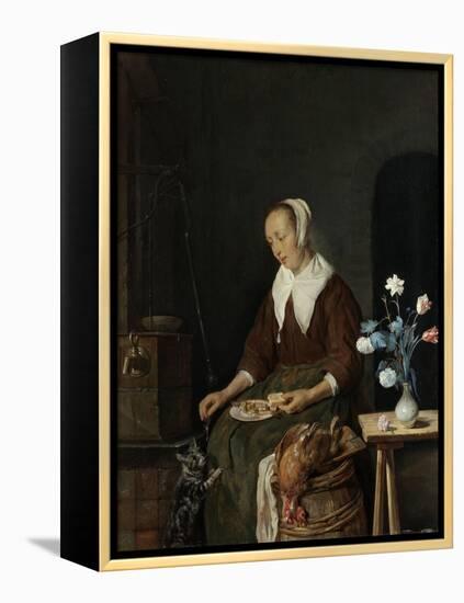 Woman Eating, known as the Cats Breakfast-Gabriel Metsu-Framed Stretched Canvas