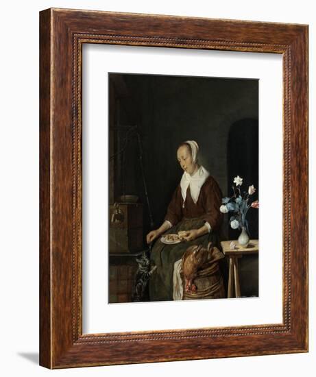 Woman Eating, known as the Cats Breakfast-Gabriel Metsu-Framed Art Print