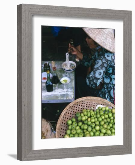 Woman Eating Pho at Food Stall, Cholon Market, Ho Chi Minh City, Indochina-Tim Hall-Framed Photographic Print