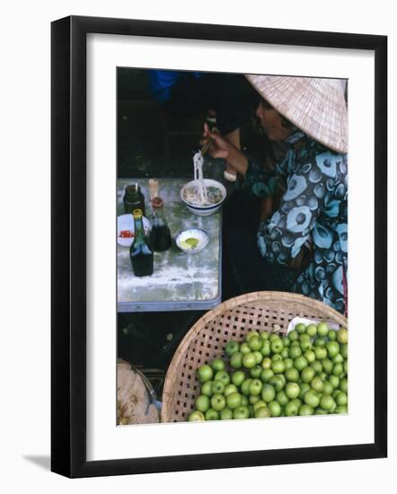 Woman Eating Pho at Food Stall, Cholon Market, Ho Chi Minh City, Indochina-Tim Hall-Framed Photographic Print