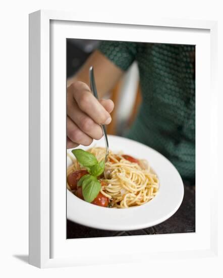 Woman Eating Spaghetti with Tomatoes, Parmesan and Basil-null-Framed Photographic Print