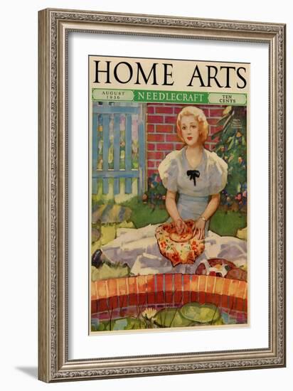 Woman Embroiders By The Side of a Home Pond-null-Framed Art Print