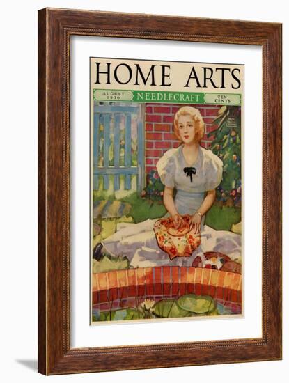 Woman Embroiders By The Side of a Home Pond-null-Framed Art Print