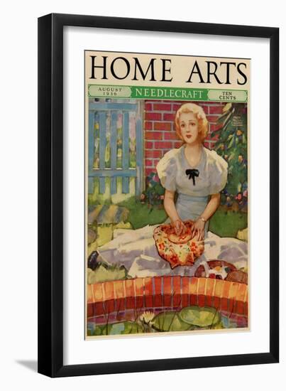 Woman Embroiders By The Side of a Home Pond-null-Framed Art Print