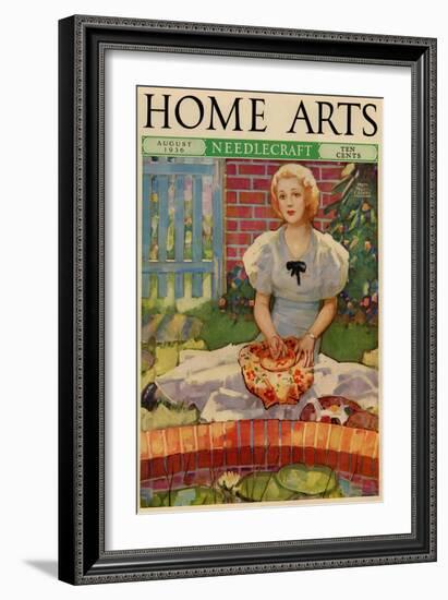 Woman Embroiders By The Side of a Home Pond-null-Framed Art Print