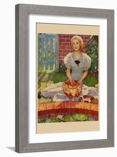 Woman Embroiders By The Side of a Home Pond-null-Framed Art Print