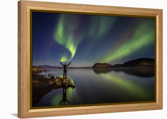 Woman Enjoying the View of the Northern Lights, at Lake Thingvellir, Iceland-null-Framed Premier Image Canvas