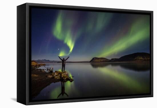 Woman Enjoying the View of the Northern Lights, at Lake Thingvellir, Iceland-null-Framed Premier Image Canvas