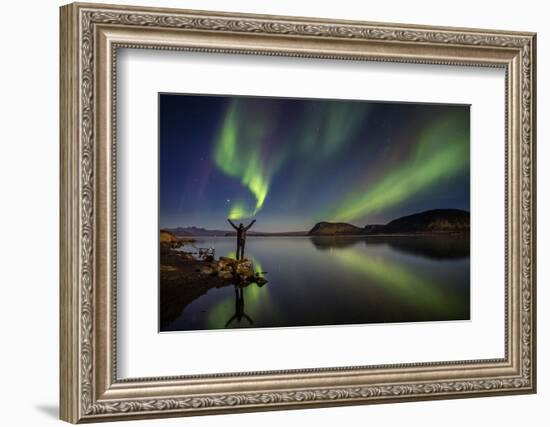 Woman Enjoying the View of the Northern Lights, at Lake Thingvellir, Iceland-null-Framed Photographic Print