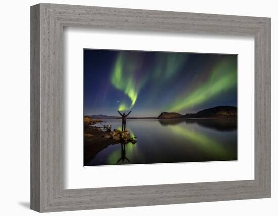 Woman Enjoying the View of the Northern Lights, at Lake Thingvellir, Iceland-null-Framed Photographic Print