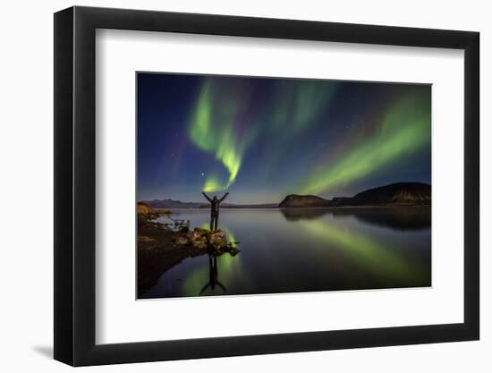 Woman Enjoying the View of the Northern Lights, at Lake Thingvellir, Iceland-null-Framed Photographic Print