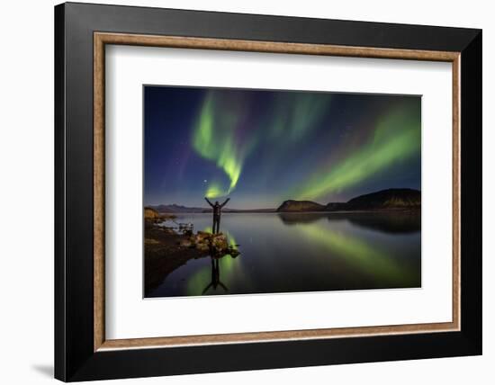 Woman Enjoying the View of the Northern Lights, at Lake Thingvellir, Iceland-null-Framed Photographic Print