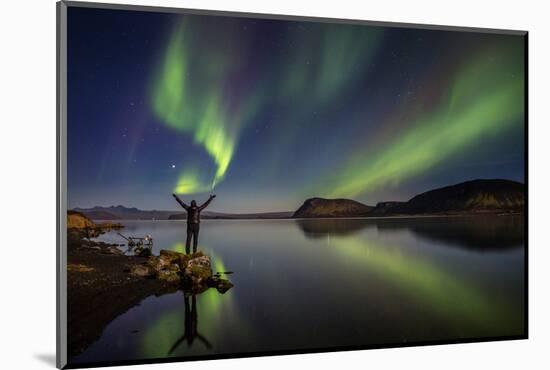 Woman Enjoying the View of the Northern Lights, at Lake Thingvellir, Iceland-null-Mounted Photographic Print