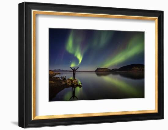 Woman Enjoying the View of the Northern Lights, at Lake Thingvellir, Iceland-null-Framed Photographic Print