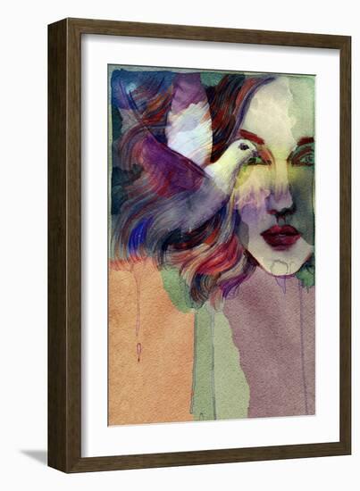 Woman Face and Pigeon. Hand Painted Fashion Illustration-Anna Ismagilova-Framed Art Print
