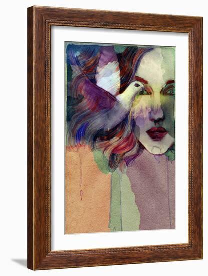 Woman Face and Pigeon. Hand Painted Fashion Illustration-Anna Ismagilova-Framed Art Print