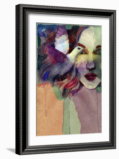 Woman Face and Pigeon. Hand Painted Fashion Illustration-Anna Ismagilova-Framed Art Print