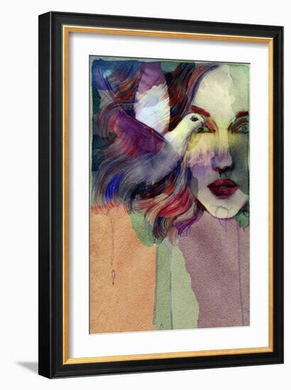 Woman Face and Pigeon. Hand Painted Fashion Illustration-Anna Ismagilova-Framed Art Print