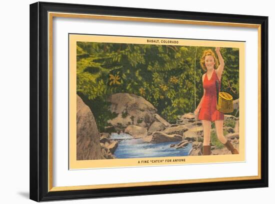 Woman Fishing, Basalt-null-Framed Art Print