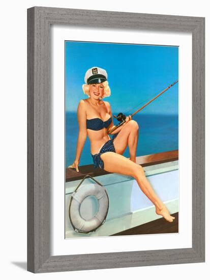 Woman Fishing in Bikini and Captain's Hat-null-Framed Art Print