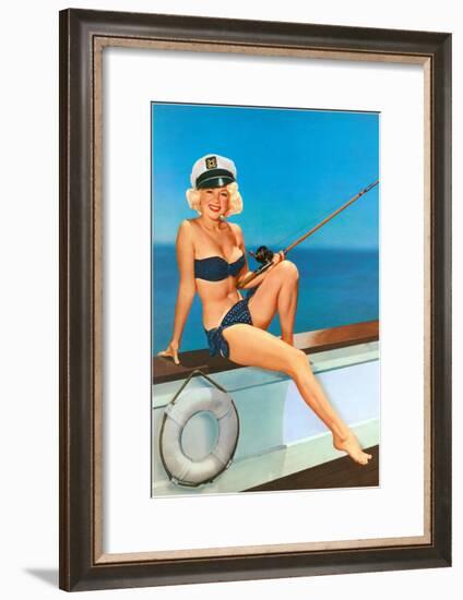 Woman Fishing in Bikini and Captain's Hat-null-Framed Art Print