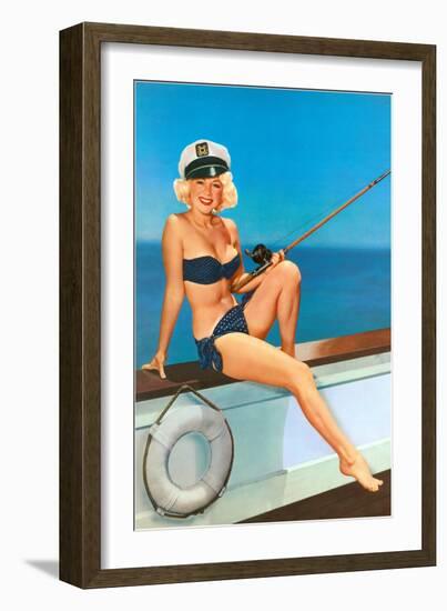 Woman Fishing in Bikini and Captain's Hat-null-Framed Art Print