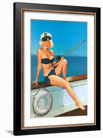 Woman Fishing in Bikini and Captain's Hat-null-Framed Art Print