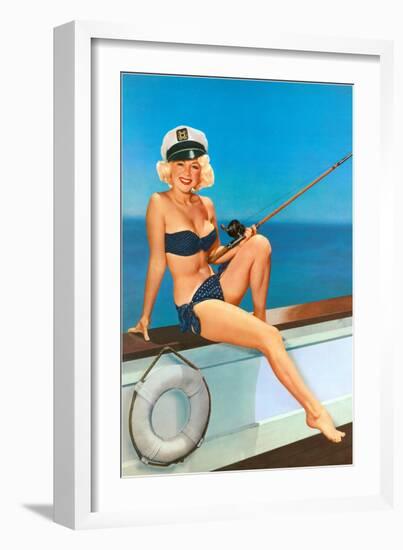 Woman Fishing in Bikini and Captain's Hat-null-Framed Art Print