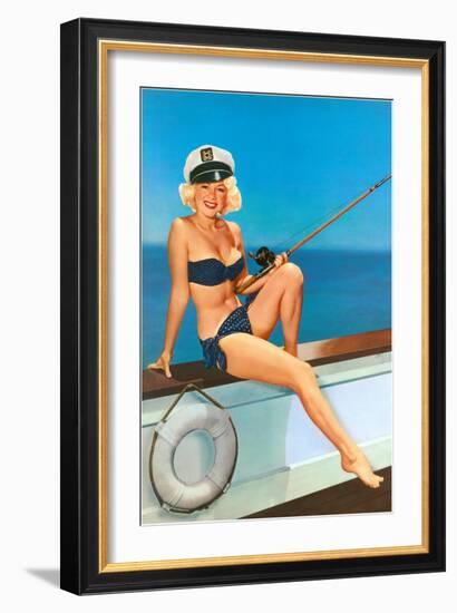 Woman Fishing in Bikini and Captain's Hat-null-Framed Art Print