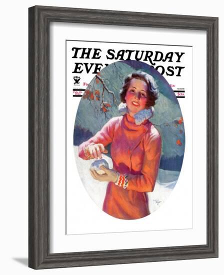 "Woman Forming a Snowball," Saturday Evening Post Cover, February 10, 1934-Frederic Mizen-Framed Premium Giclee Print