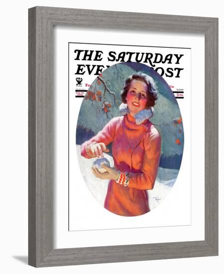 "Woman Forming a Snowball," Saturday Evening Post Cover, February 10, 1934-Frederic Mizen-Framed Premium Giclee Print