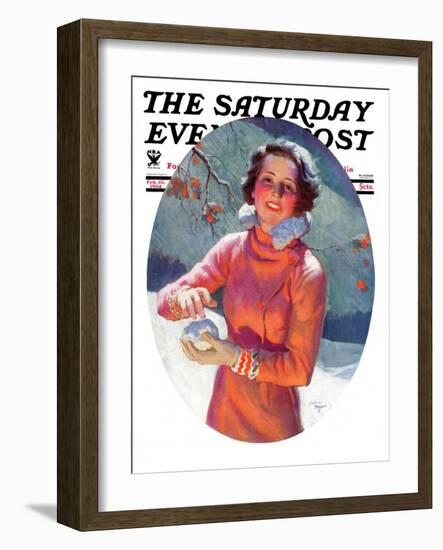 "Woman Forming a Snowball," Saturday Evening Post Cover, February 10, 1934-Frederic Mizen-Framed Premium Giclee Print