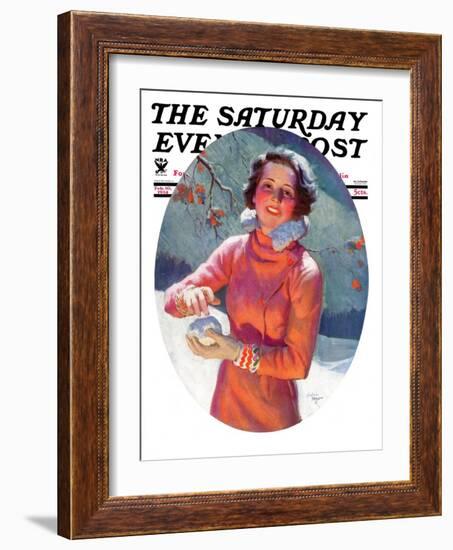 "Woman Forming a Snowball," Saturday Evening Post Cover, February 10, 1934-Frederic Mizen-Framed Premium Giclee Print