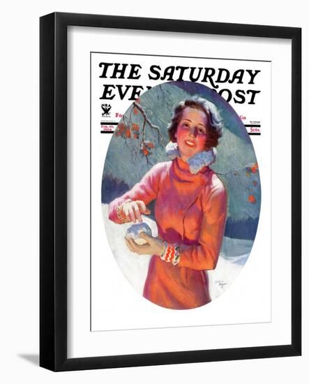 "Woman Forming a Snowball," Saturday Evening Post Cover, February 10, 1934-Frederic Mizen-Framed Premium Giclee Print