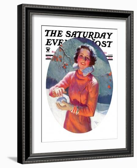 "Woman Forming a Snowball," Saturday Evening Post Cover, February 10, 1934-Frederic Mizen-Framed Premium Giclee Print