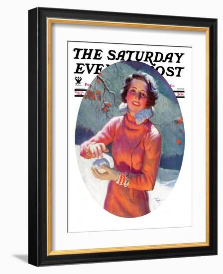 "Woman Forming a Snowball," Saturday Evening Post Cover, February 10, 1934-Frederic Mizen-Framed Premium Giclee Print