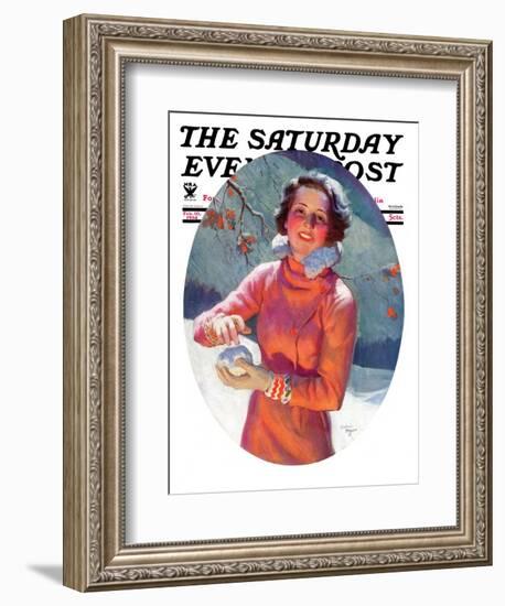 "Woman Forming a Snowball," Saturday Evening Post Cover, February 10, 1934-Frederic Mizen-Framed Giclee Print